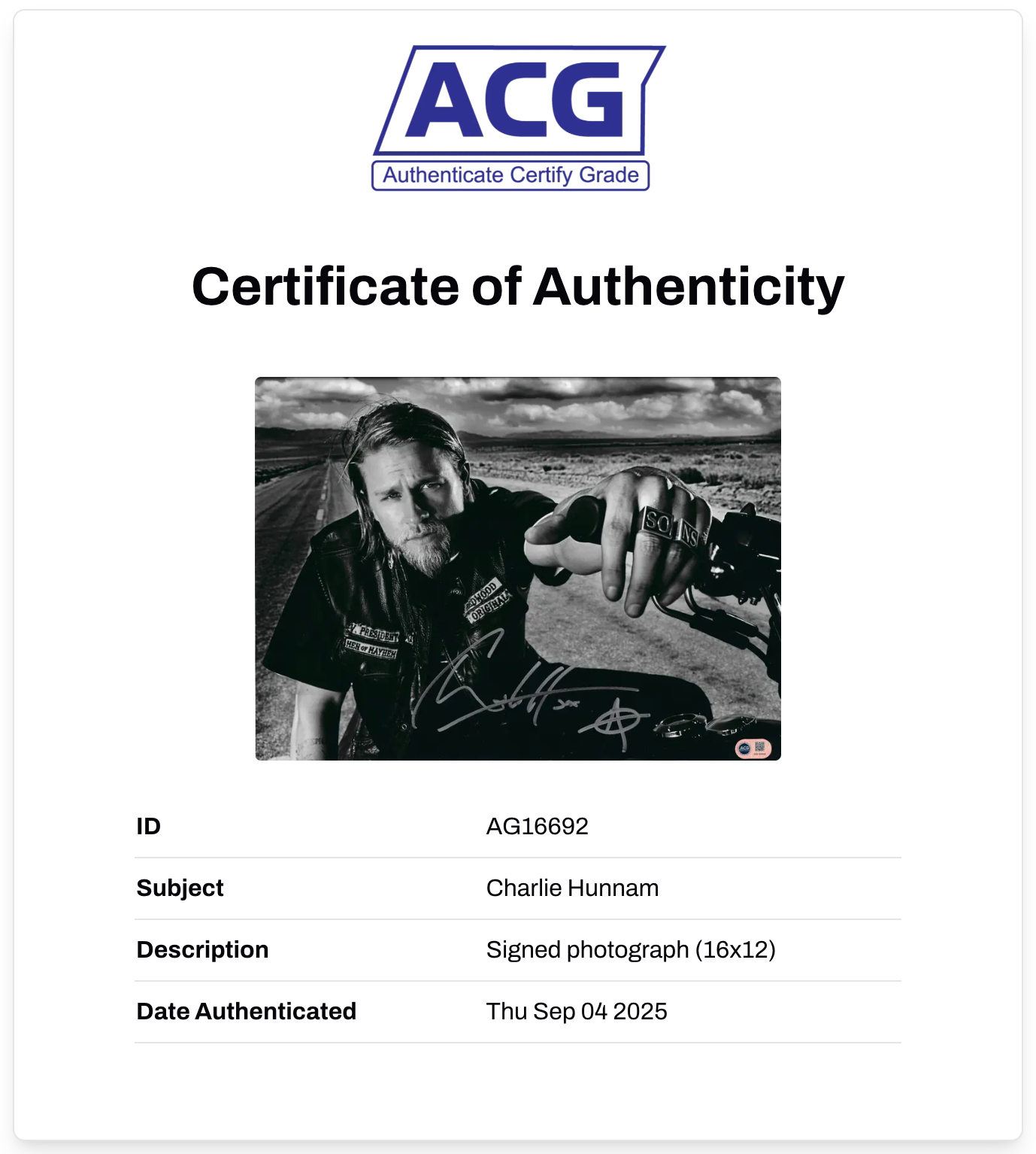 CHARLIE HUNNAM SIGNED JAX TELLER SONS OF ANARCHY 16x12 PHOTO (ACG CERT AG16692)