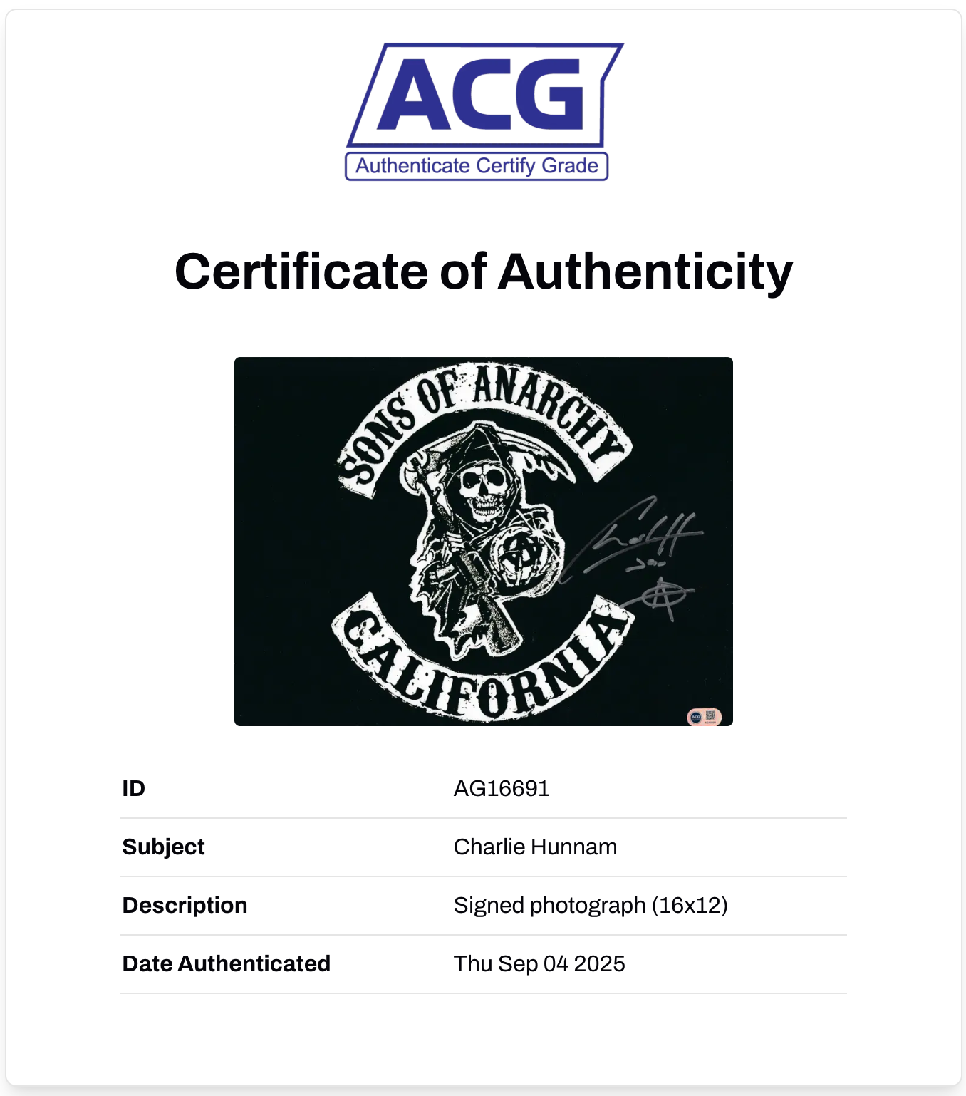 CHARLIE HUNNAM SIGNED JAX TELLER SONS OF ANARCHY 16x12 PHOTO (ACG CERT AG16691)