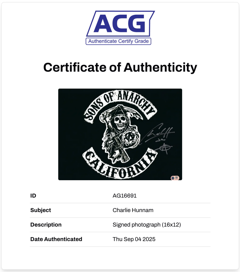 CHARLIE HUNNAM SIGNED JAX TELLER SONS OF ANARCHY 16x12 PHOTO (ACG CERT AG16691)-2