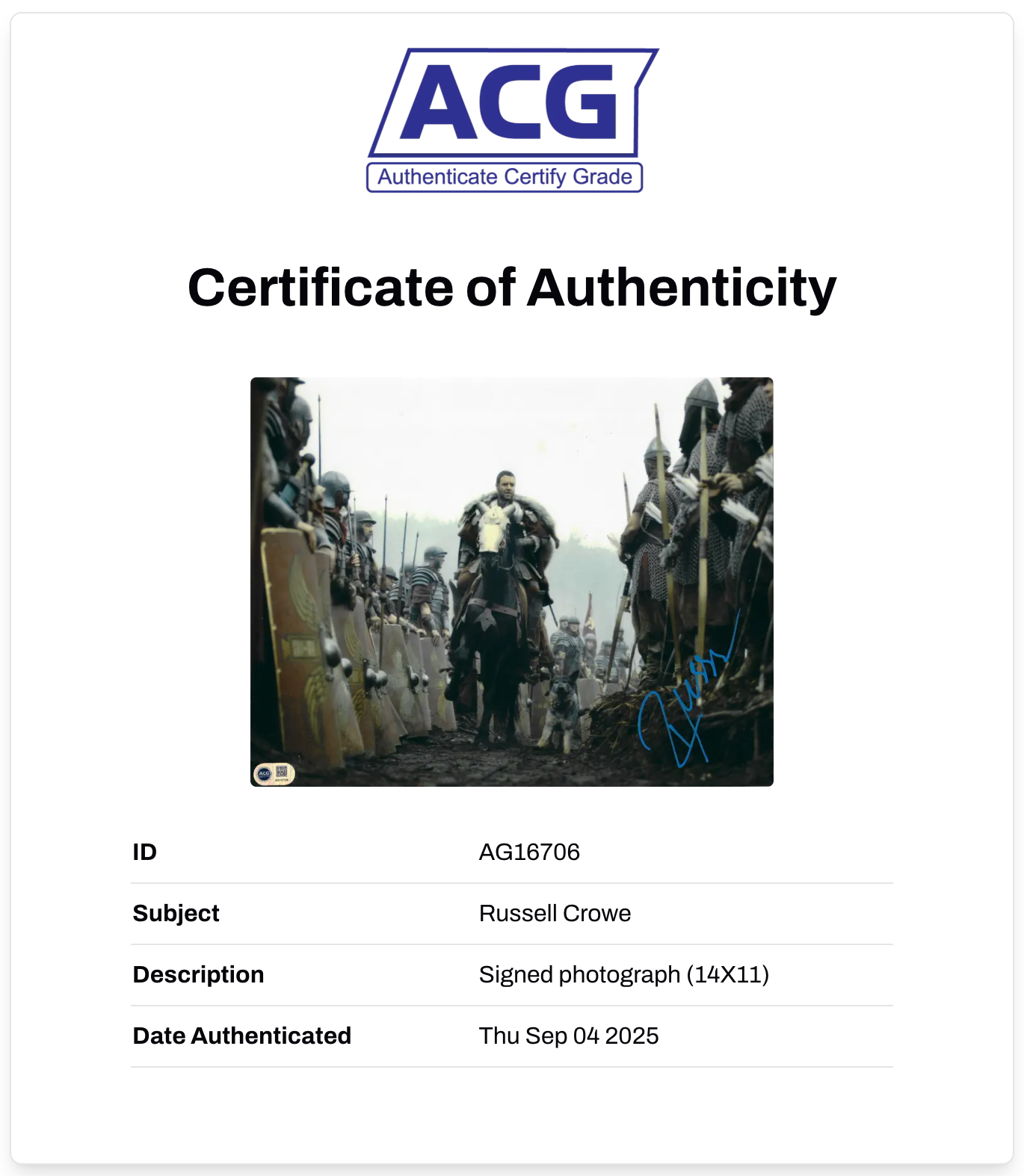 RUSSELL CROWE SIGNED 14x11 GLADIATOR MOVIE PHOTO (ACG CERT AG16706)