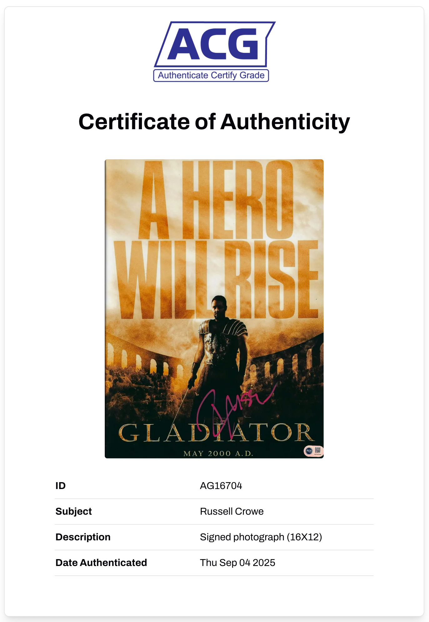 RUSSELL CROWE SIGNED 16x12 GLADIATOR MOVIE PHOTO (ACG CERT AG16704)