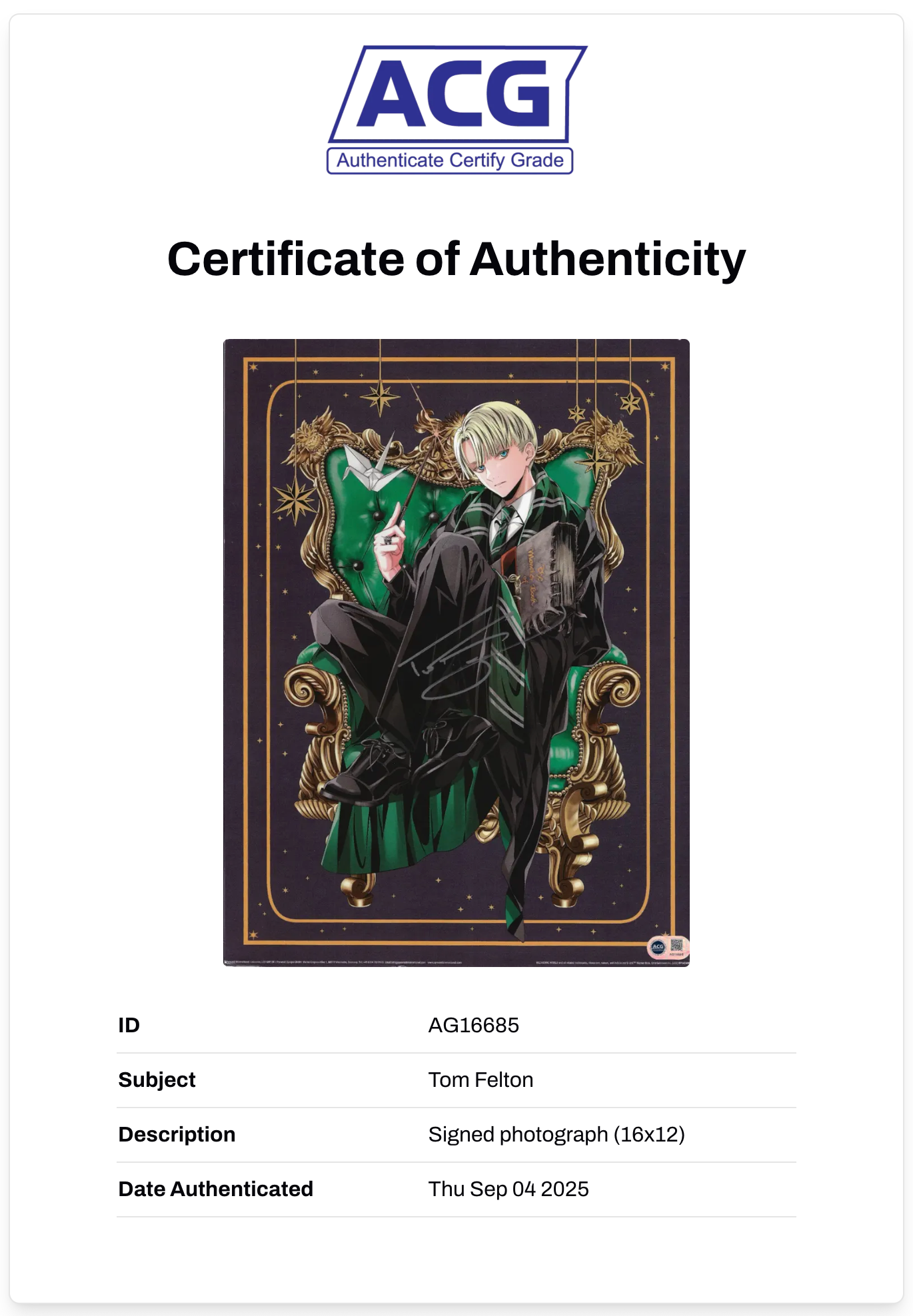 TOM FELTON SIGNED DRACO MALFOY HARRY POTTER 16x12 POSTER (ACG CERT AG16685)