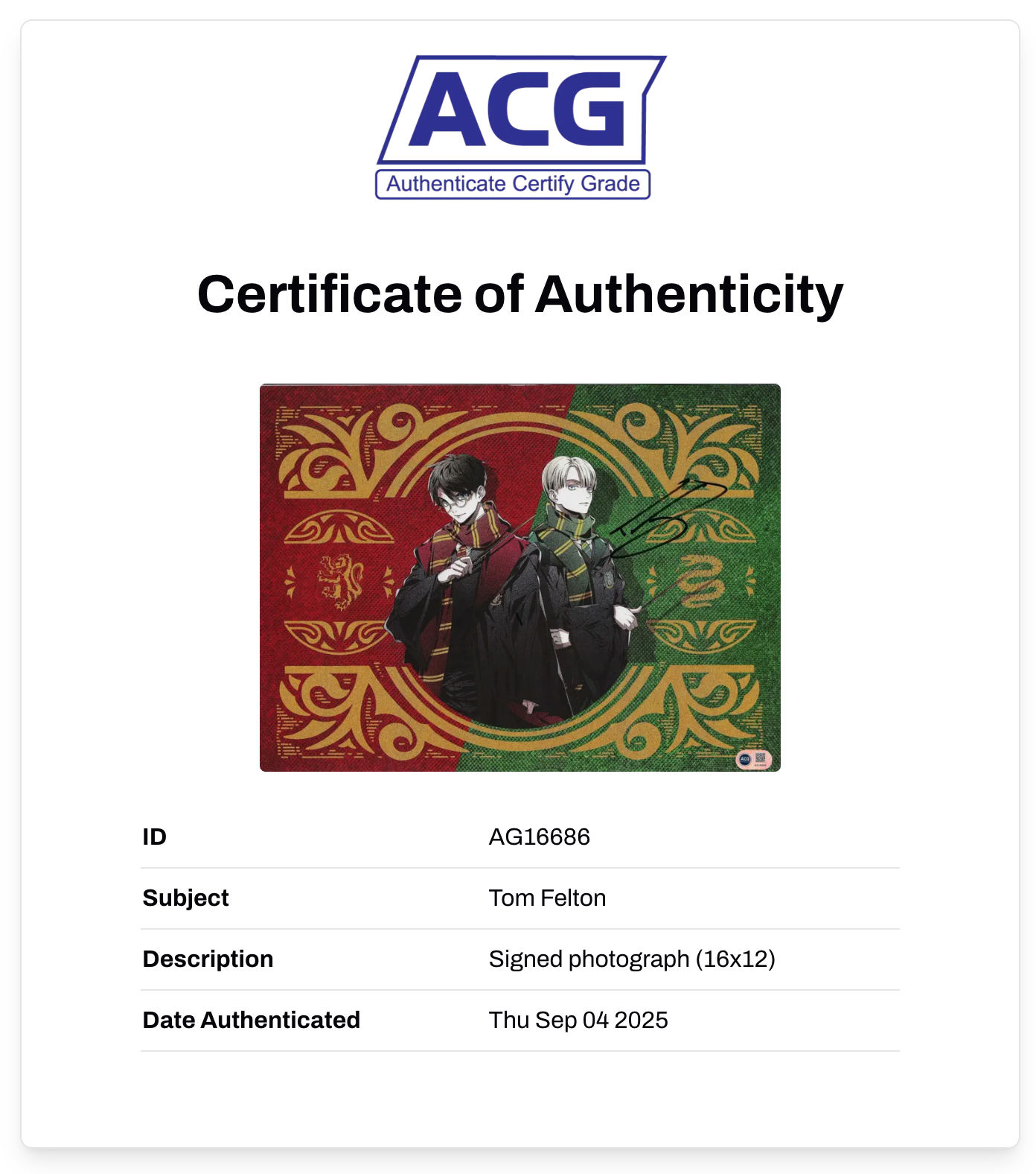 TOM FELTON SIGNED DRACO MALFOY HARRY POTTER 16x12 POSTER (ACG CERT AG16686)