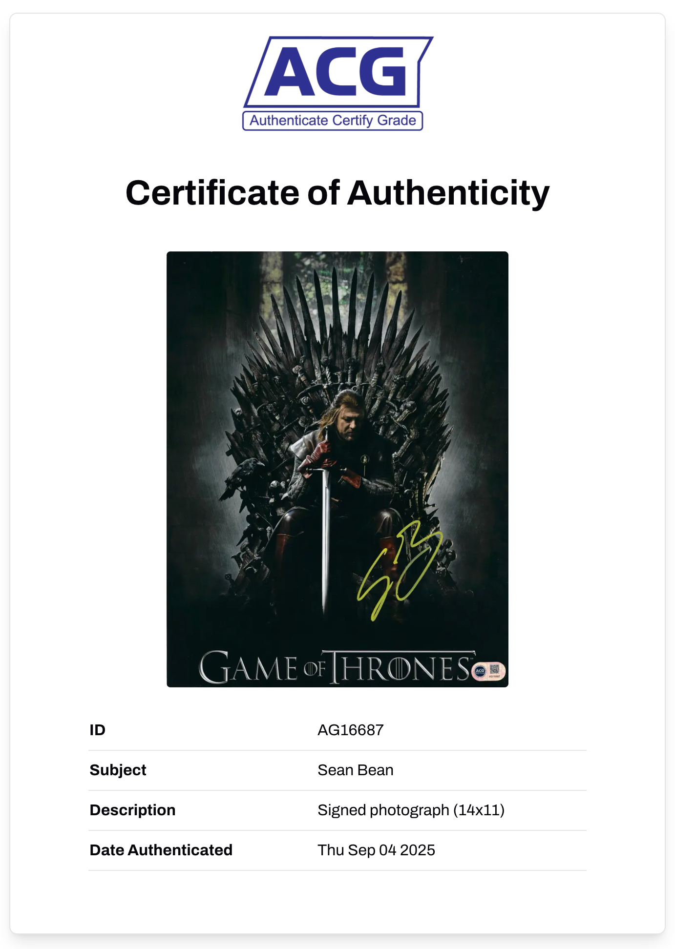 SEAN BEAN SIGNED GAME OF THRONES 14x11 PHOTO (ACG CERT AG16687)