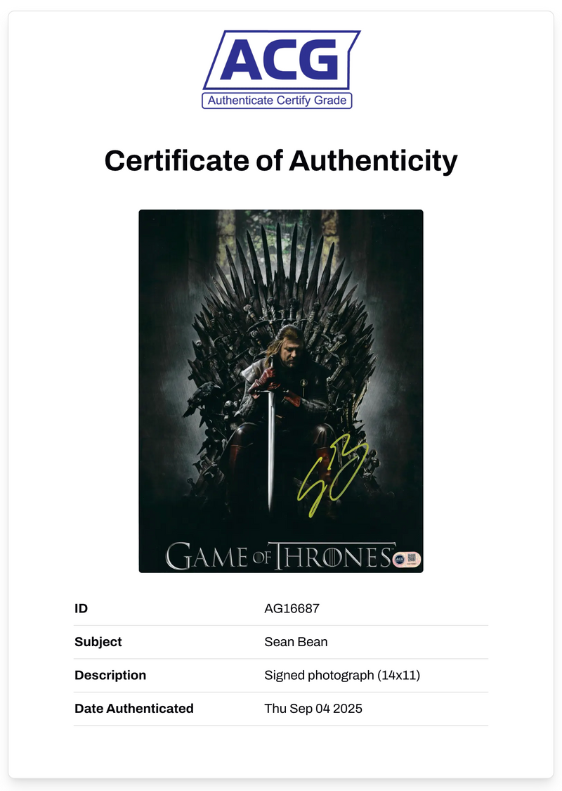 SEAN BEAN SIGNED GAME OF THRONES 14x11 PHOTO (ACG CERT AG16687)-2