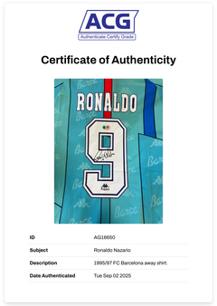 RONALDO NAZARIO SIGNED FC BARCELONA 95/97 AWAY SHIRT (ACG CERT AG16650)-2