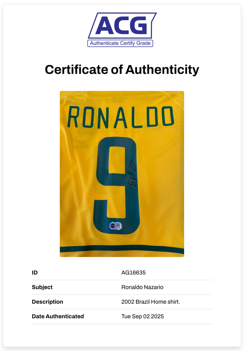 RONALDO NAZARIO SIGNED BRAZIL HOME 2002 WORLD CUP SHIRT (ACG CERT AG16635)-2