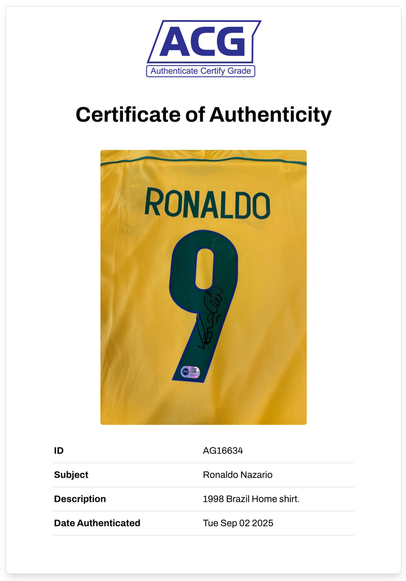RONALDO NAZARIO SIGNED BRAZIL HOME 1998 WORLD CUP SHIRT (ACG CERT AG16634)-2