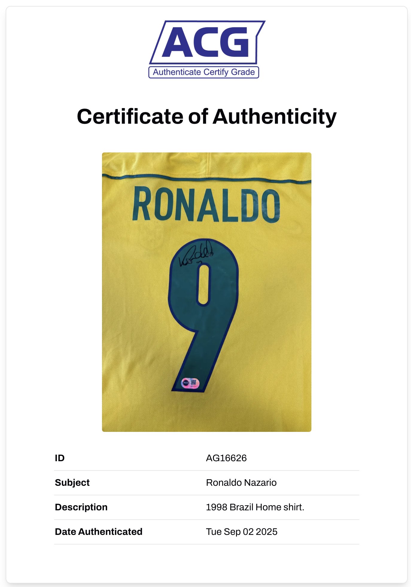 RONALDO NAZARIO SIGNED BRAZIL HOME 1998 WORLD CUP SHIRT (ACG CERT AG16626)-2