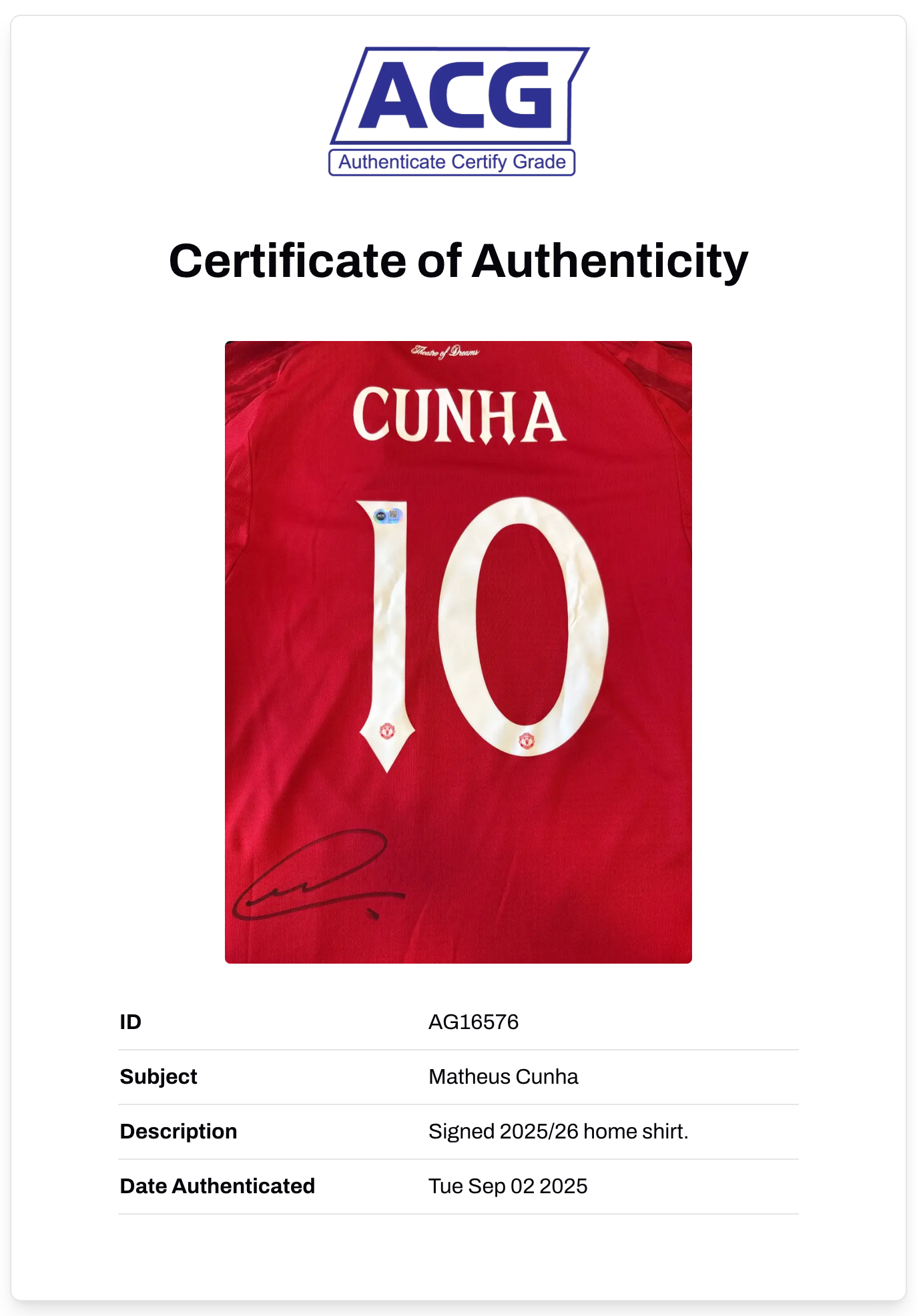 MATHEUS CUNHA SIGNED MANCHESTER UNITED 2025/26 HOME SHIRT (ACG CERT AG16576)