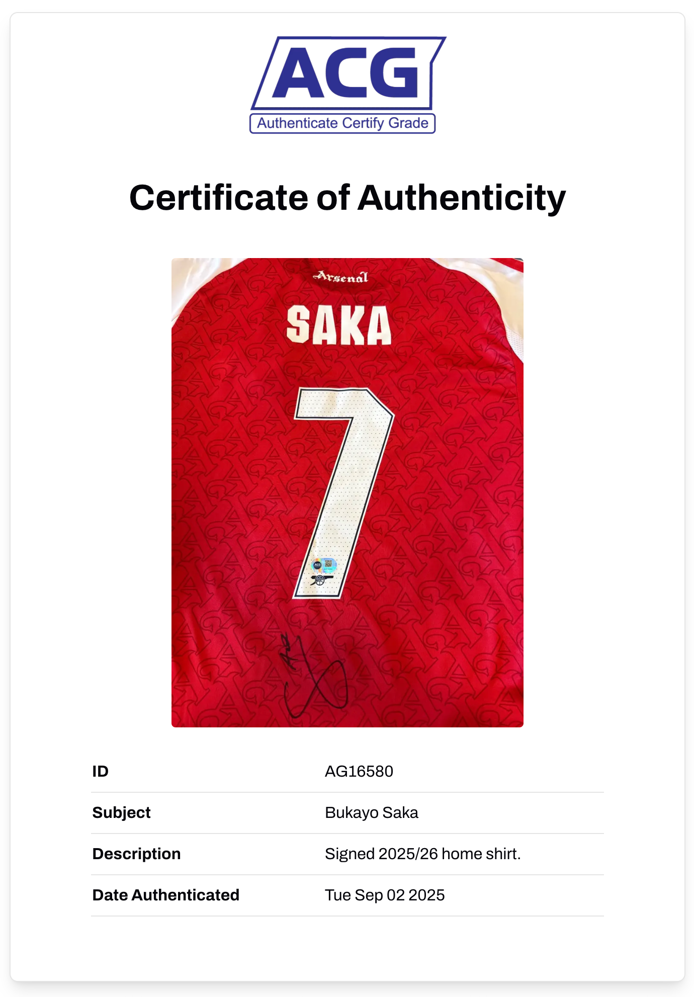 BUKAYO SAKA SIGNED ARSENAL FC 2025/26 HOME SHIRT (ACG CERT AG16580)