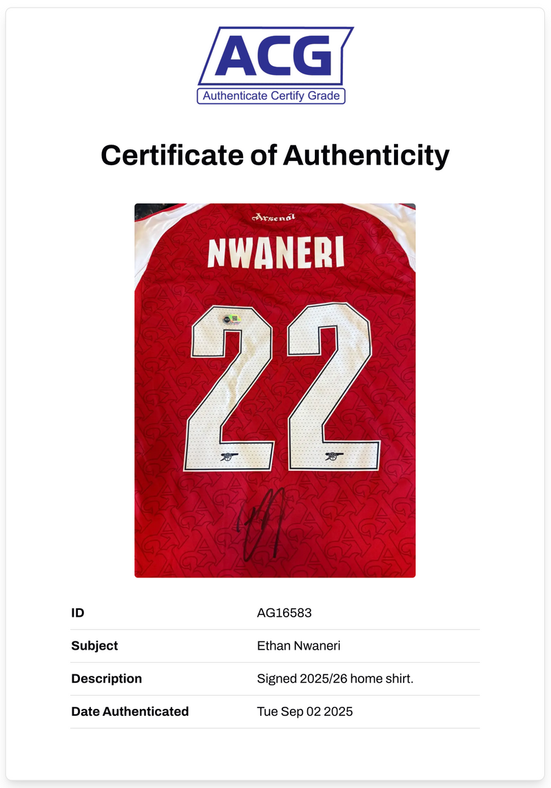 ETHAN NWANERI SIGNED ARSENAL FC 2025/26 HOME SHIRT (ACG CERT AG16583)-2