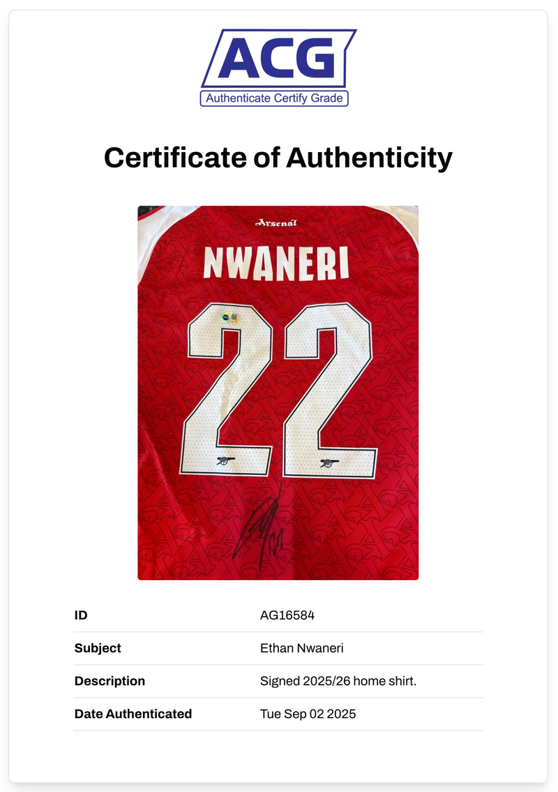ETHAN NWANERI SIGNED ARSENAL FC 2025/26 HOME SHIRT (ACG CERT AG16584)-2