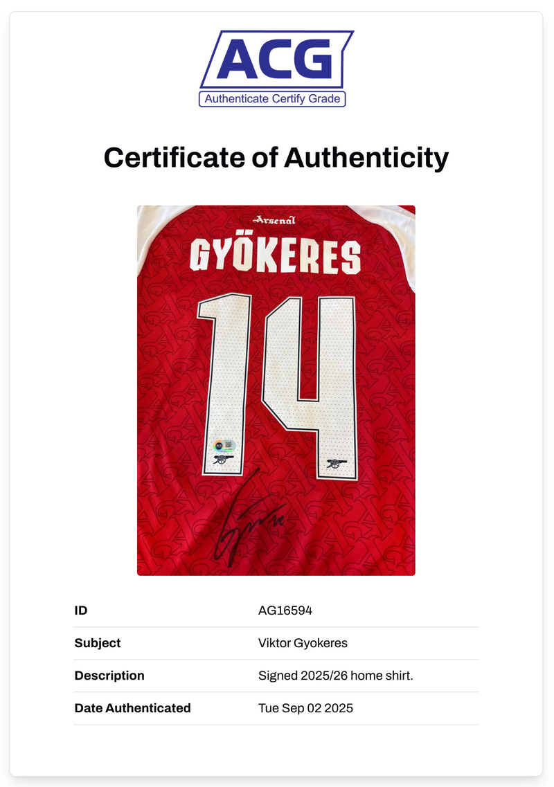 VIKTOR GYOKERES SIGNED ARSENAL FC 2025/26 HOME SHIRT (ACG CERT AG16594)-2