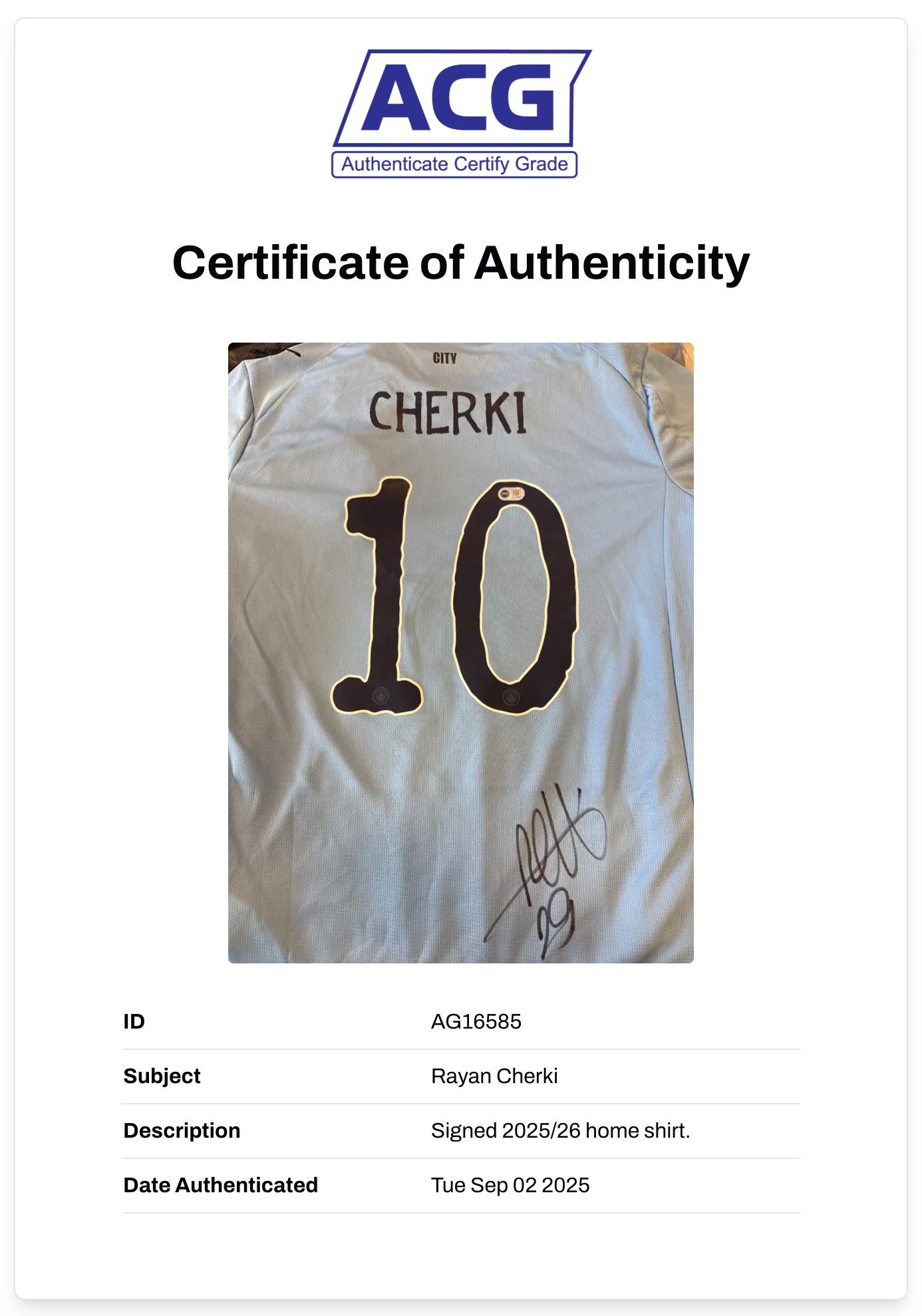 RAYAN CHERKI SIGNED MANCHESTER CITY FC 2025/26 HOME SHIRT (ACG CERT AG16585)