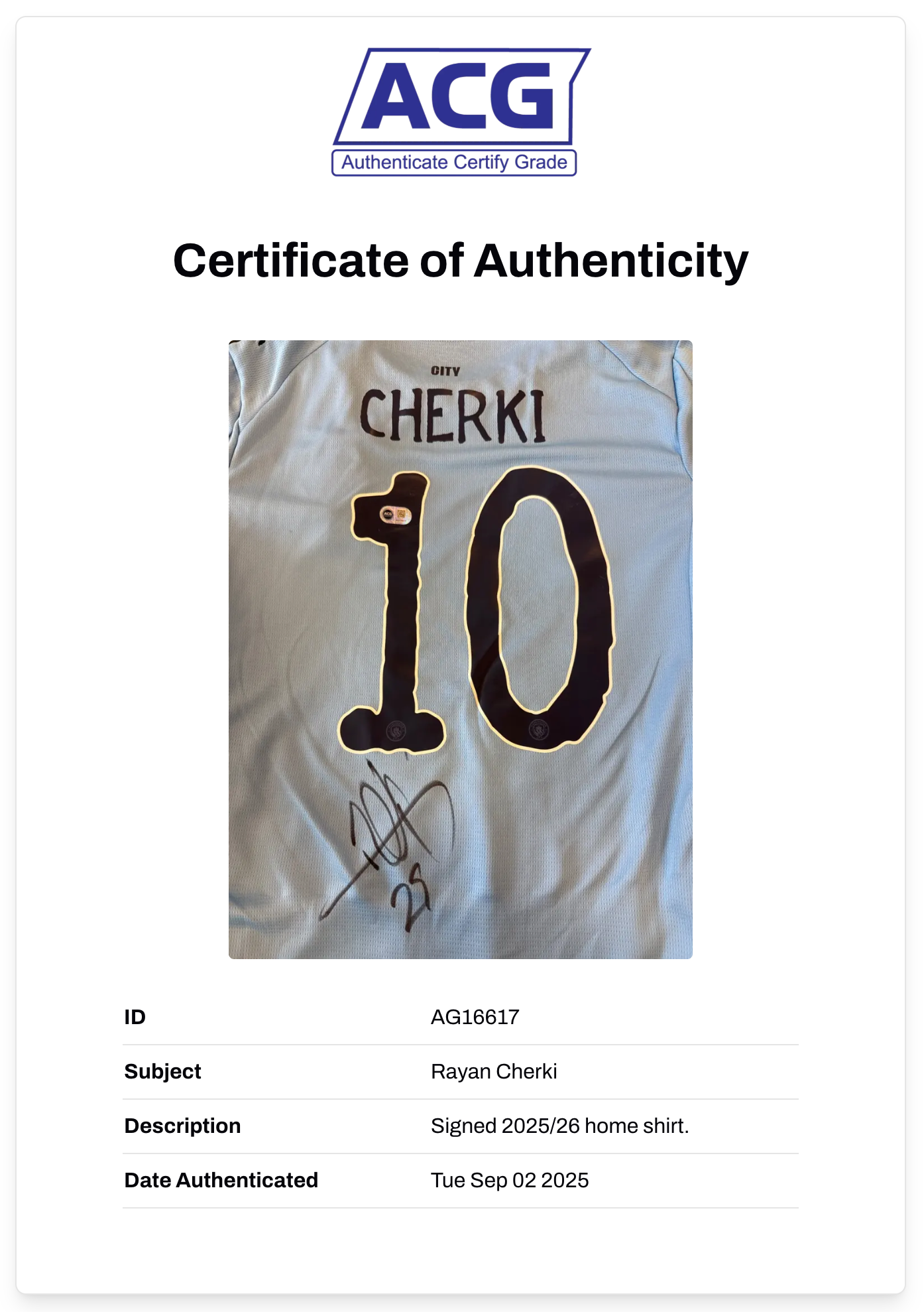 RAYAN CHERKI SIGNED MANCHESTER CITY FC 2025/26 HOME SHIRT (ACG CERT AG16617)