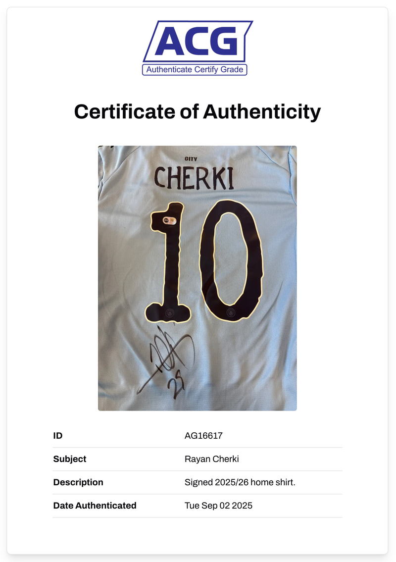 RAYAN CHERKI SIGNED MANCHESTER CITY FC 2025/26 HOME SHIRT (ACG CERT AG16617)-2