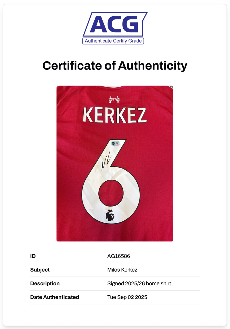 MILOS KERKEZ SIGNED LIVERPOOL FC 2025/26 HOME SHIRT (ACG CERT AG16586)-2