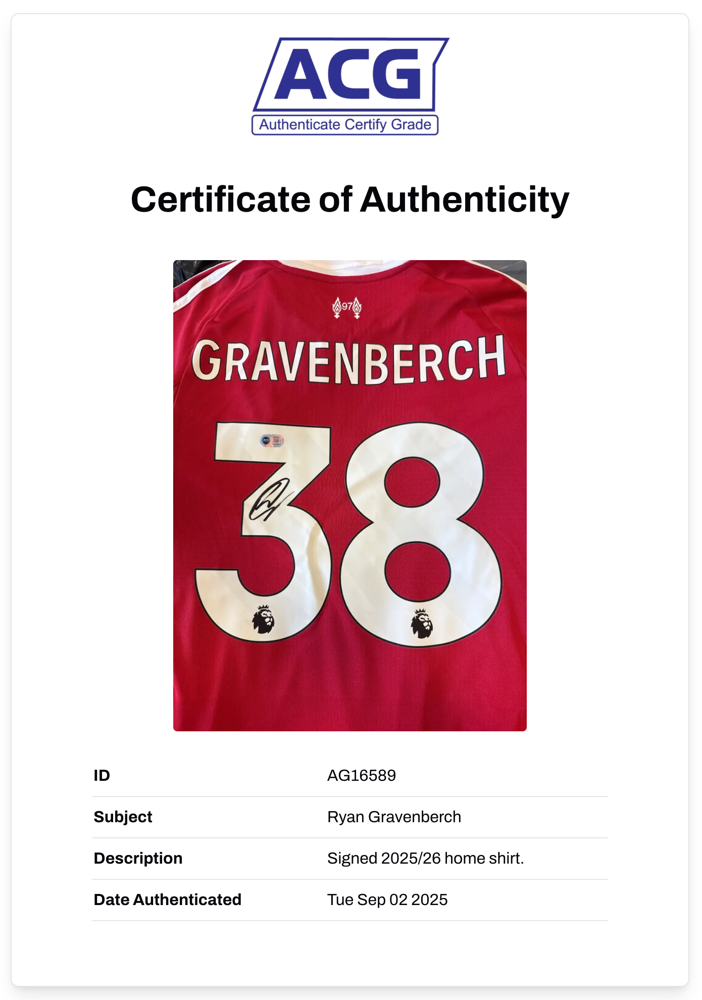 RYAN GRAVENBERCH SIGNED LIVERPOOL FC 2025/26 HOME SHIRT (ACG CERT AG16589)