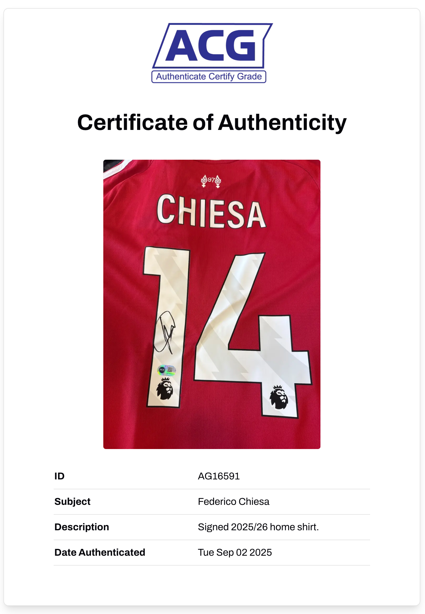 FEDERICO CHIESA SIGNED 2025/26 LIVERPOOL FC HOME SHIRT (ACG CERT AG16591)