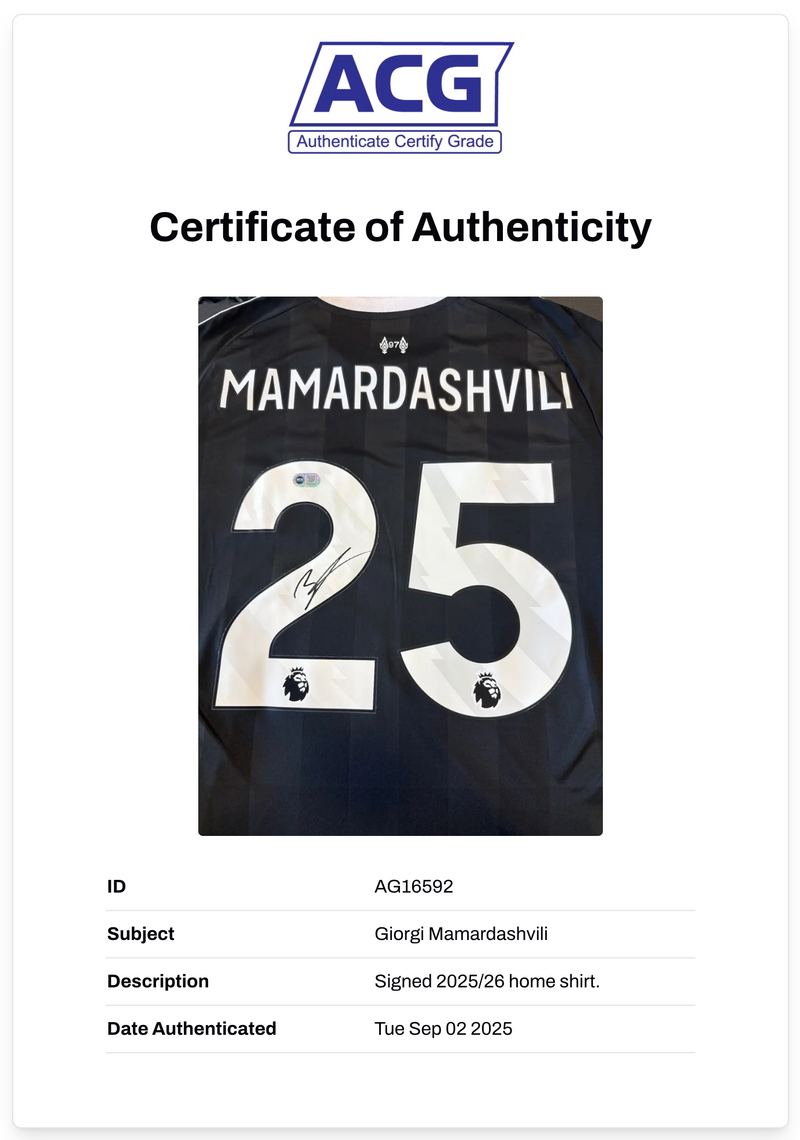 GIORGI MAMARDASHVILI SIGNED 2025/26 LIVERPOOL FC GOALKEEPER SHIRT (ACG CERT AG16592)-2