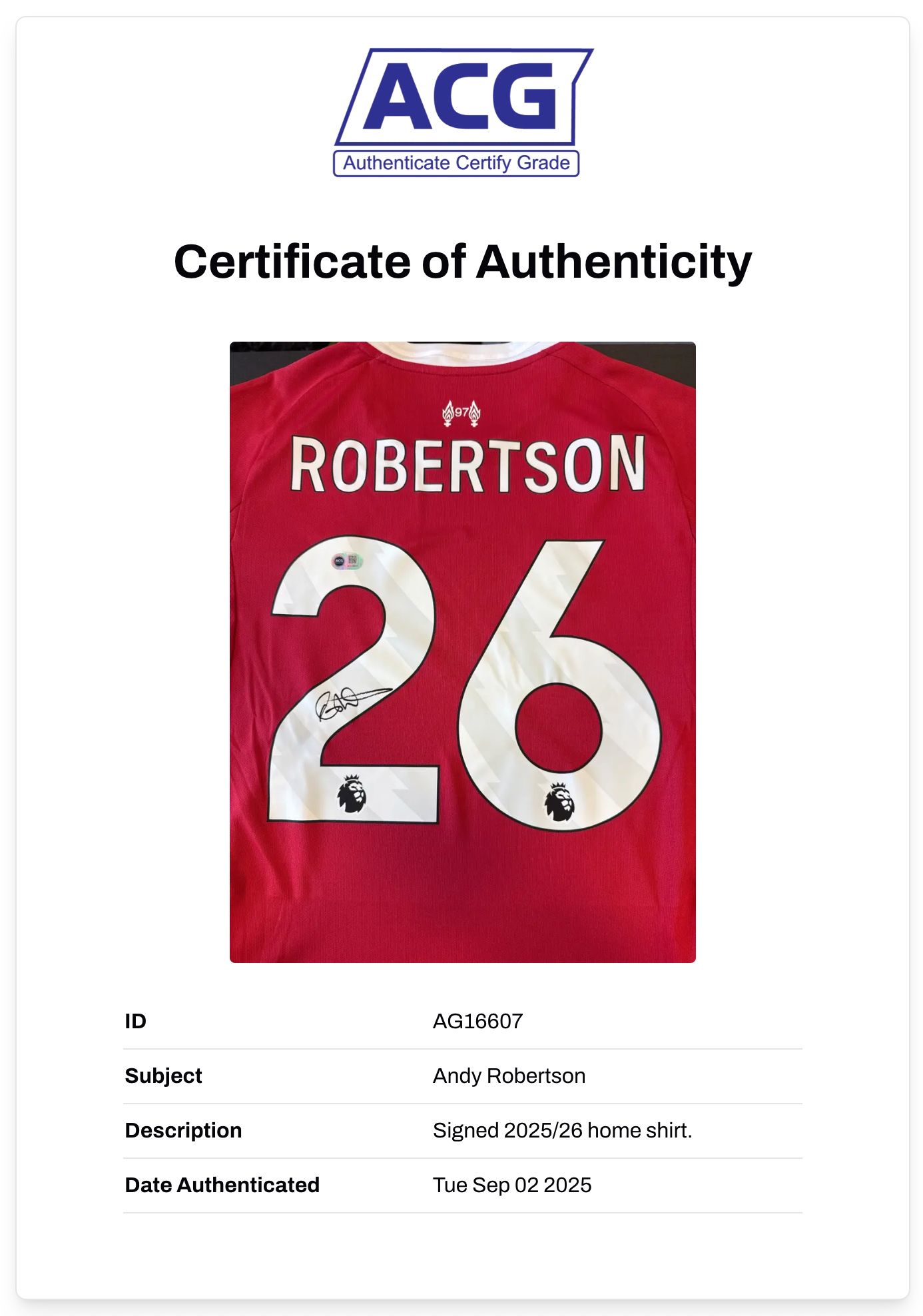 ANDY ROBERTSON SIGNED 2025/26 LIVERPOOL FC HOME SHIRT (ACG CERT AG16607)