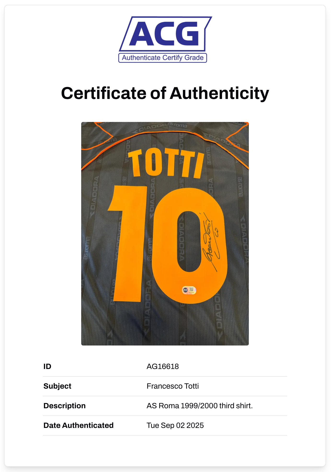 FRANCESCO TOTTI SIGNED AS ROMA 1999/20 THIRD SHIRT (ACG CERT AG16618)