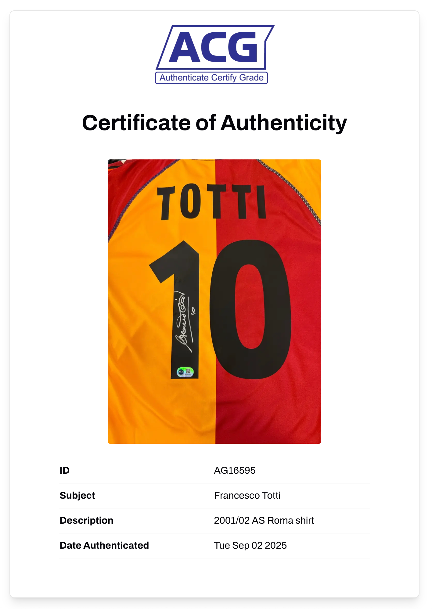FRANCESCO TOTTI SIGNED AS ROMA 2001/02 HOME SHIRT (ACG CERT AG16595)