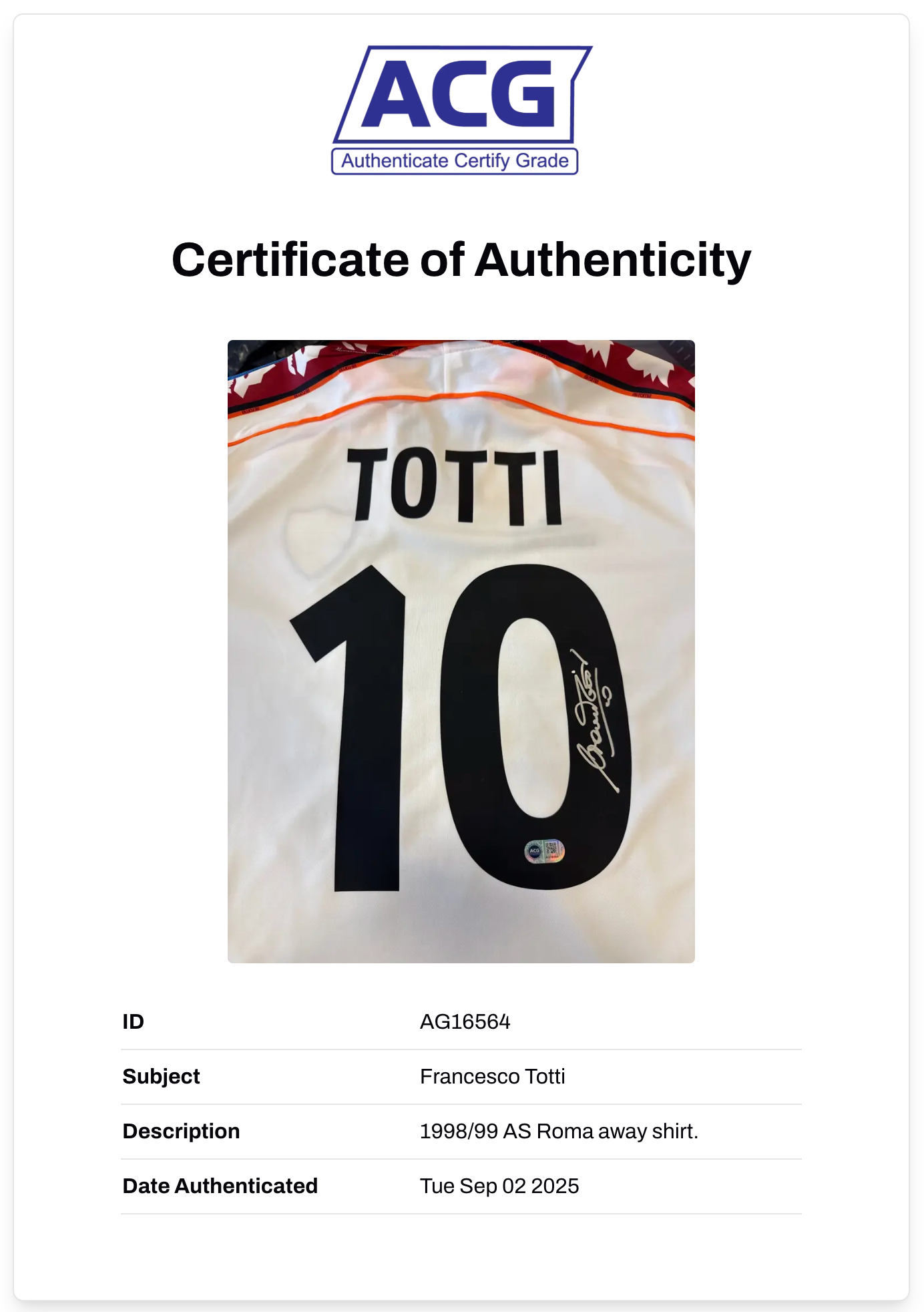 FRANCESCO TOTTI SIGNED AS ROMA 1998/99 AWAY SHIRT (ACG CERT AG16564)