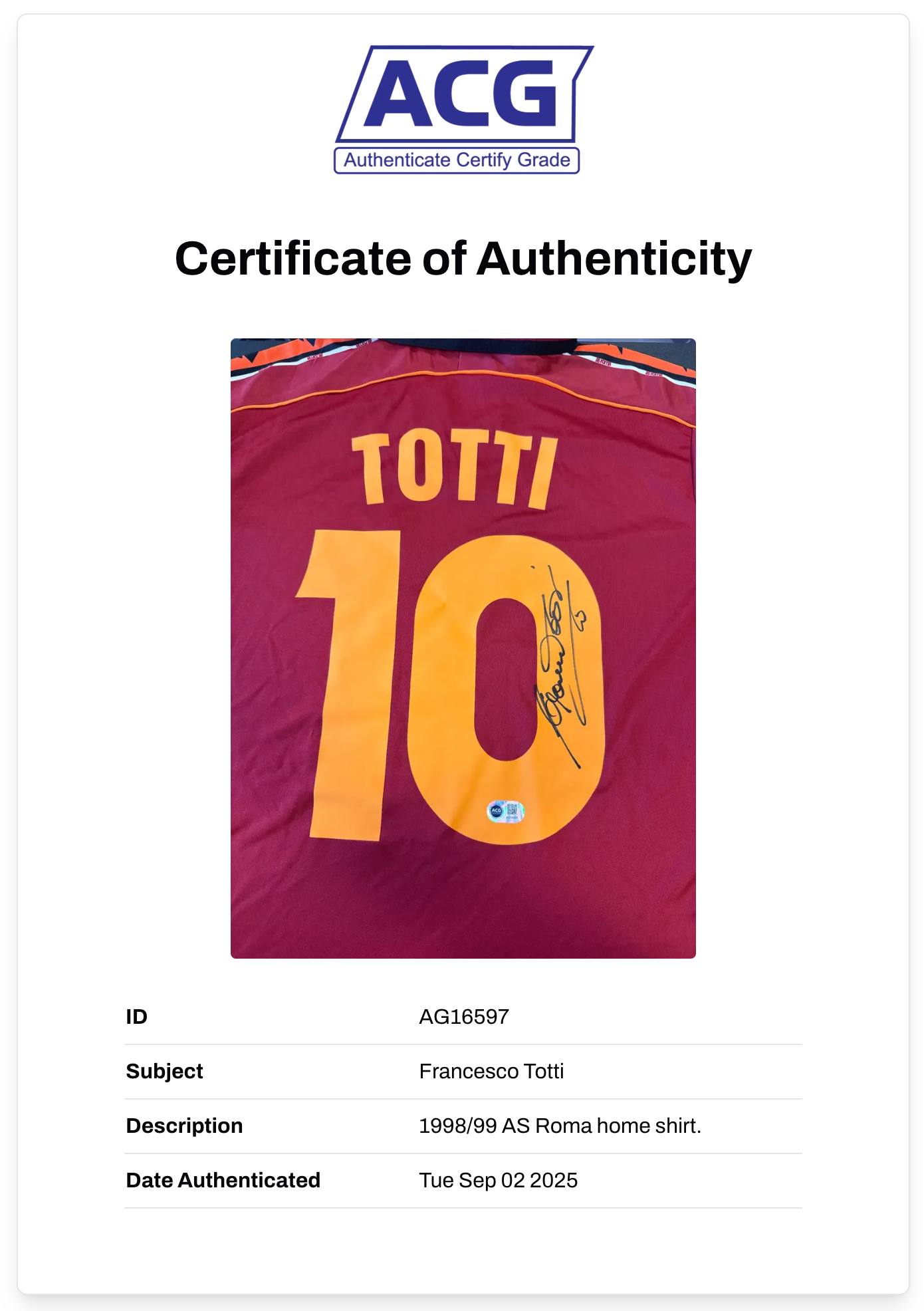 FRANCESCO TOTTI SIGNED AS ROMA 1998/99 HOME SHIRT (ACG CERT AG16597)