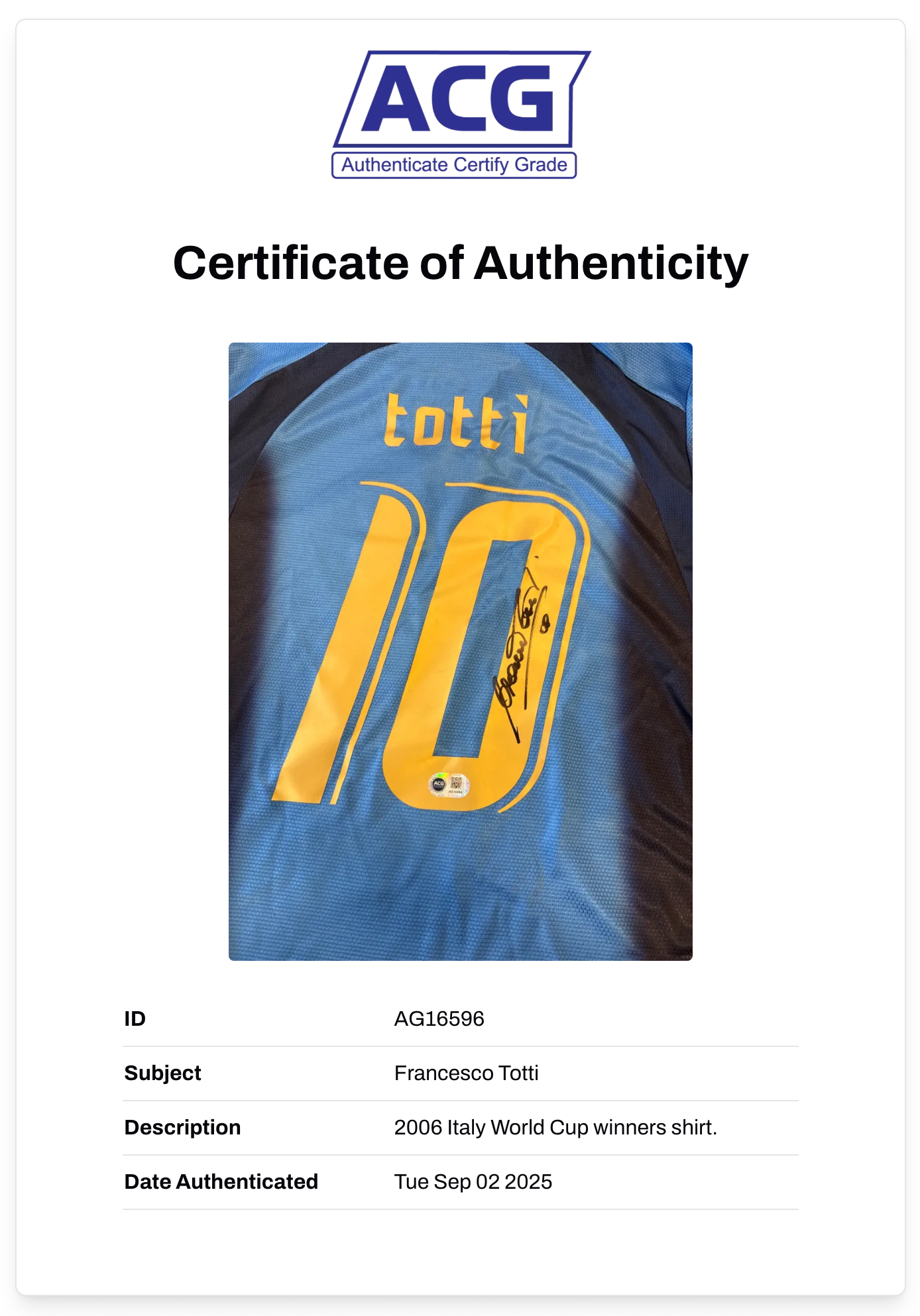 FRANCESCO TOTTI SIGNED 2006 ITALY WORLD CUP HOME SHIRT (ACG CERT AG16596)