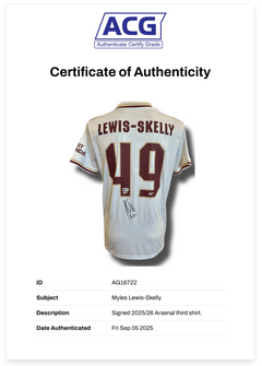MYLES LEWIS-SKELLY SIGNED ARSENAL FC 2025/26 THIRD SHIRT (ACG CERT AG16722)-2