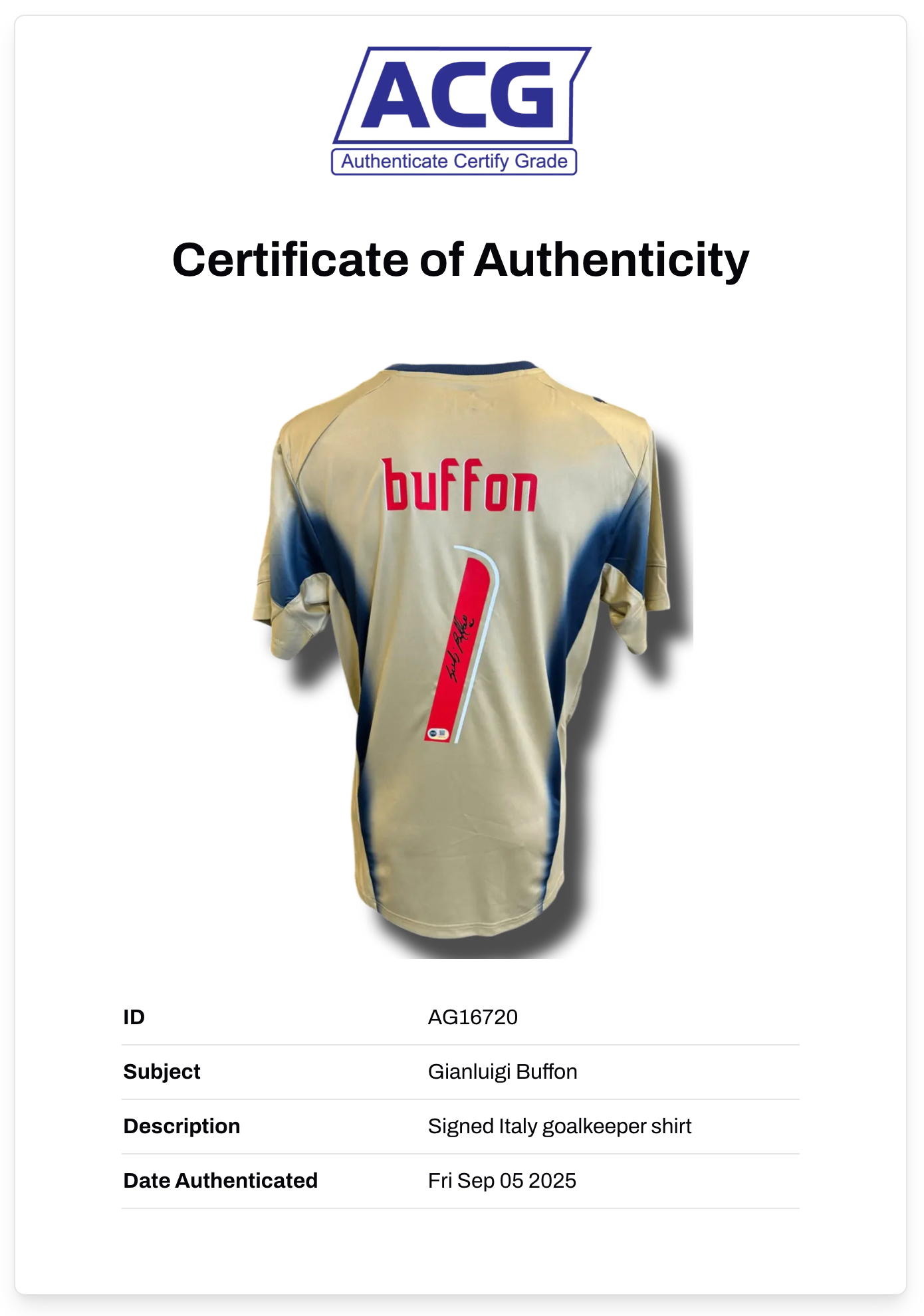 GIANLUIGI BUFFON SIGNED 2006 ITALY GOALKEEPER SHIRT (ACG CERT AG16720)