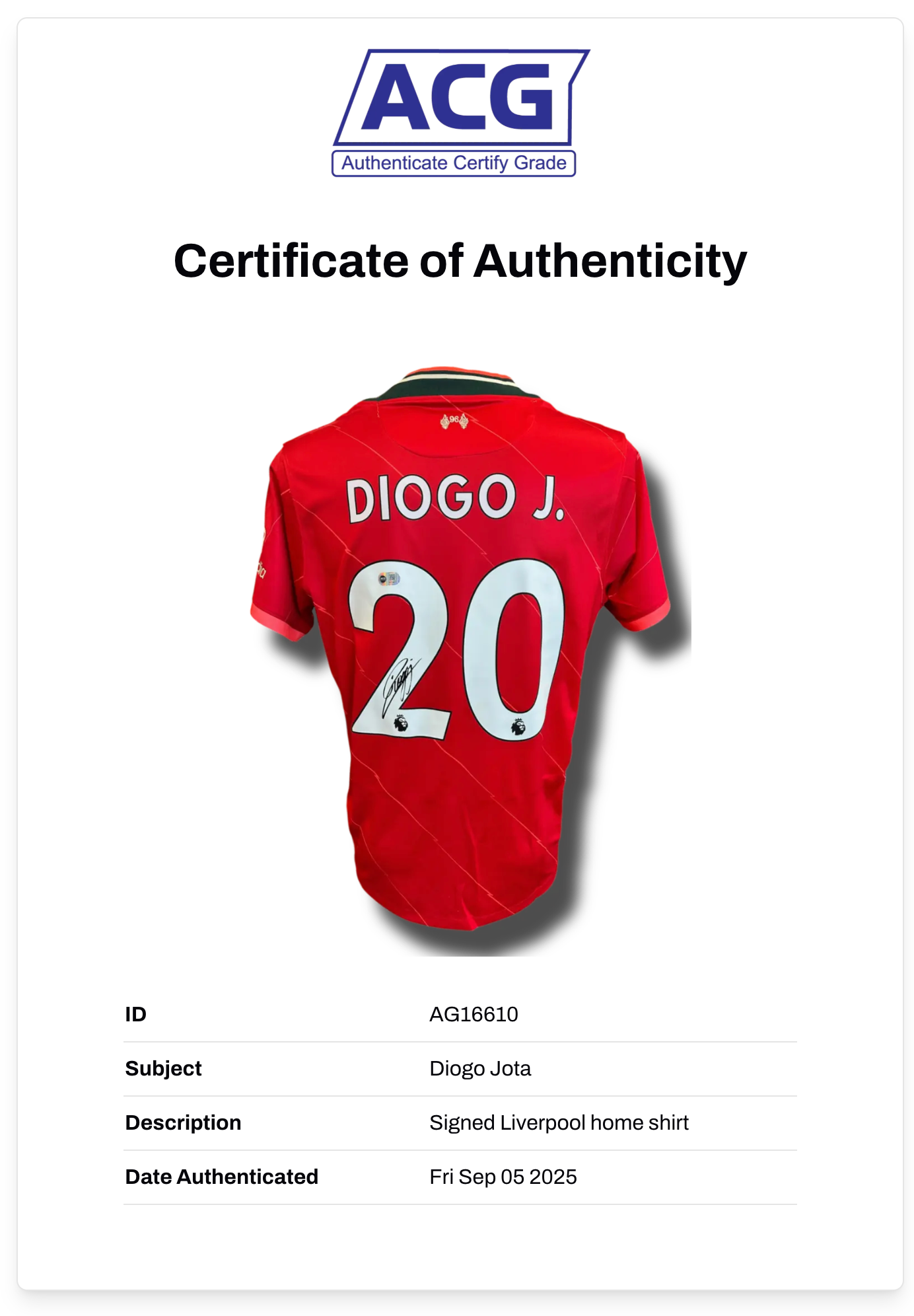 DIOGO JOTA SIGNED LIVERPOOL FC 2021/22 HOME SHIRT (ACG CERT AG16610)