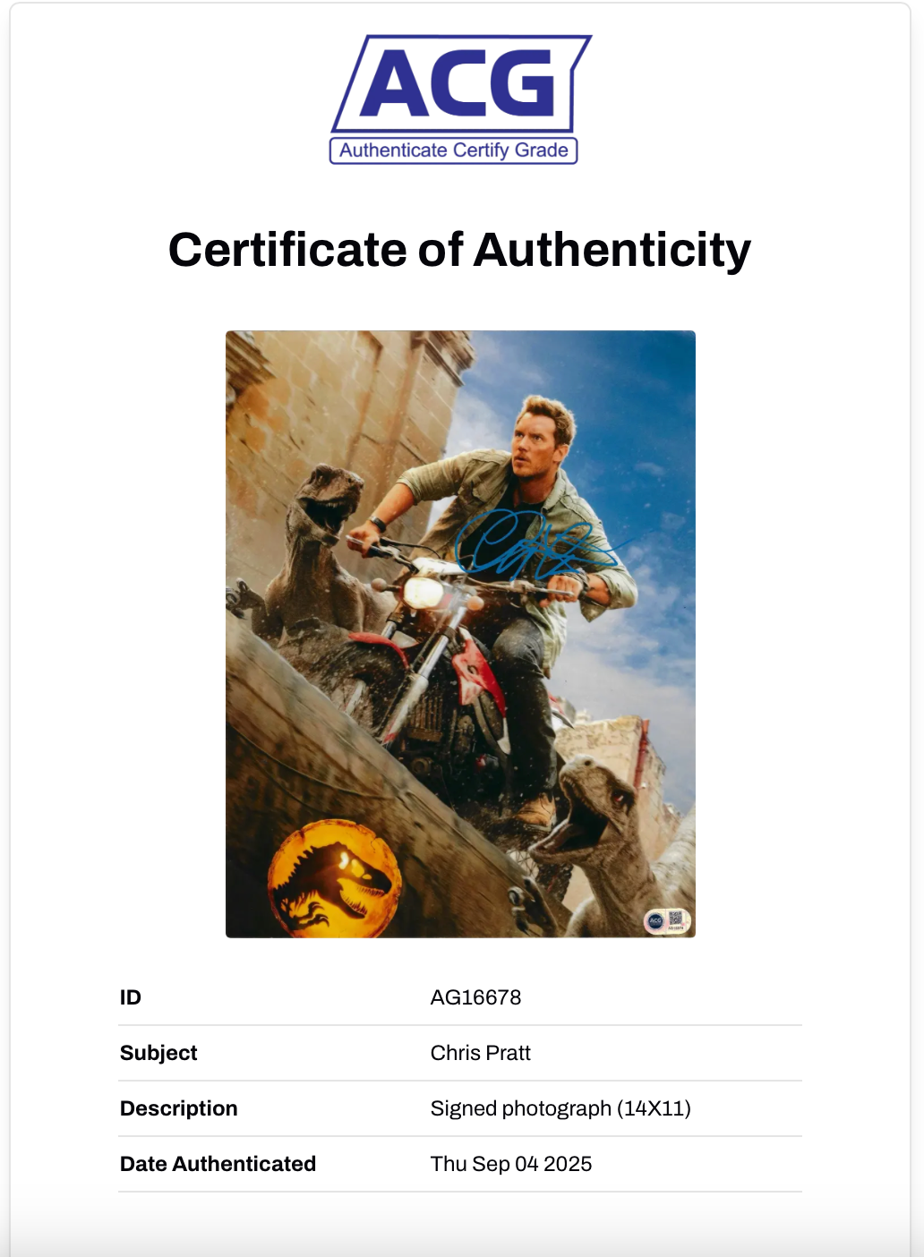 CHRIS PRATT SIGNED JURASSIC WORLD 14x11 PHOTO (ACG CERT AG16678)