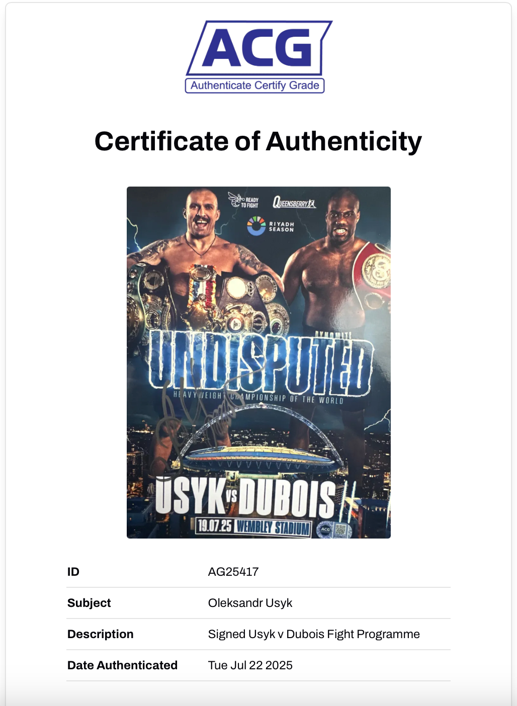 OLEKSANDR USYK SIGNED USYK DUBOIS UNDISPUTED PROGRAMME (ACG CERT AG25417)