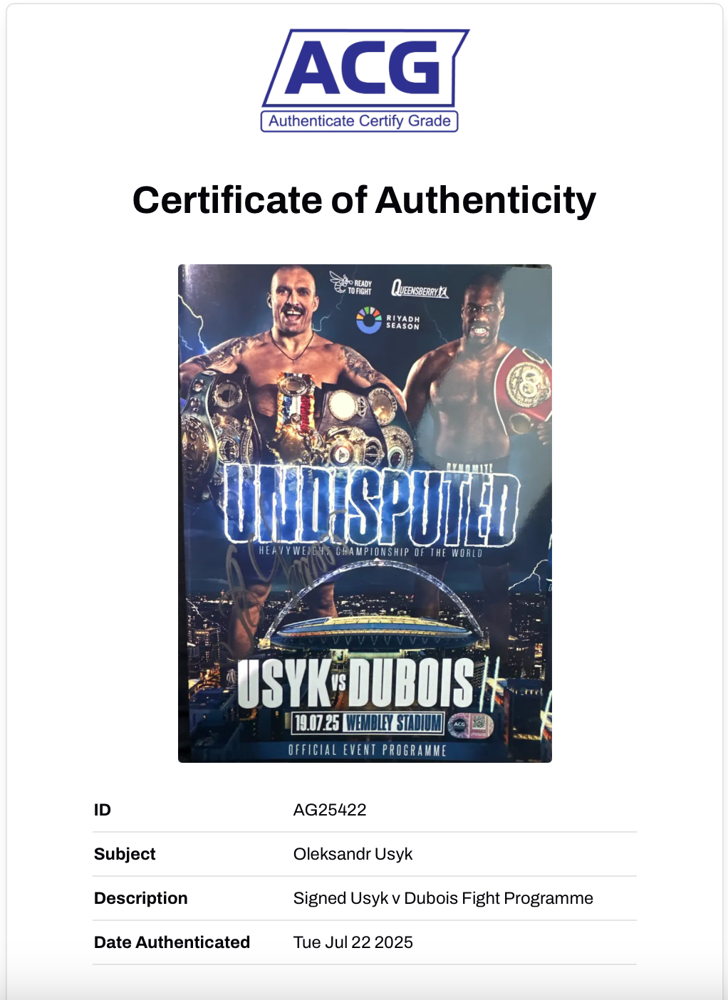 OLEKSANDR USYK SIGNED USYK DUBOIS UNDISPUTED PROGRAMME (ACG CERT AG25422)