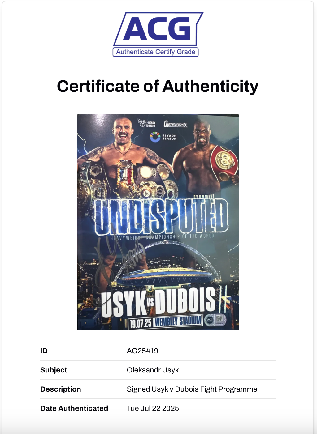 OLEKSANDR USYK SIGNED USYK DUBOIS UNDISPUTED PROGRAMME (ACG CERT AG25419)