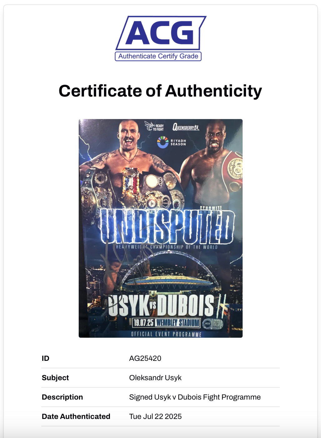 OLEKSANDR USYK SIGNED USYK DUBOIS UNDISPUTED PROGRAMME (ACG CERT AG25420)
