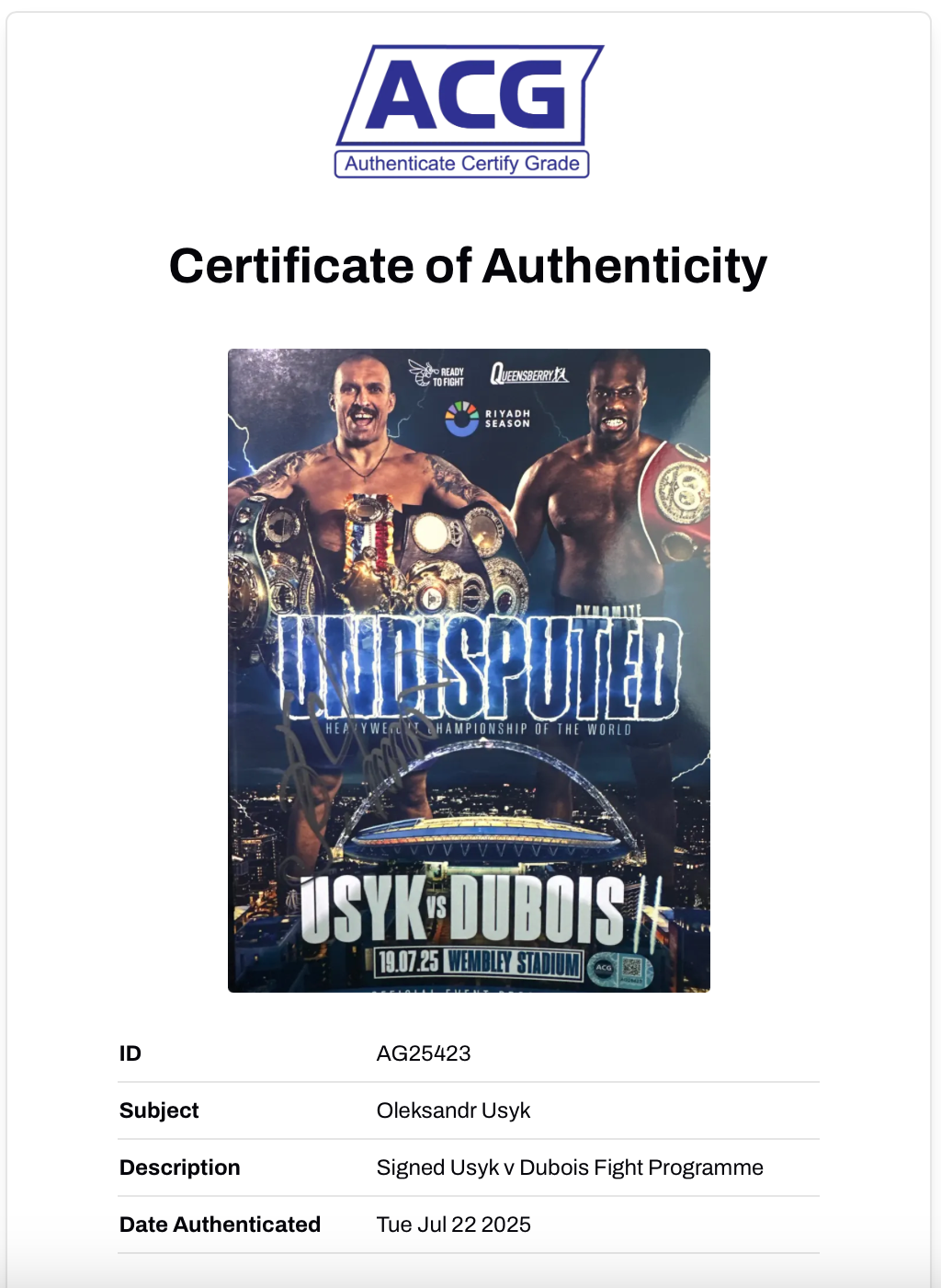 OLEKSANDR USYK SIGNED USYK DUBOIS UNDISPUTED PROGRAMME (ACG CERT AG25423)