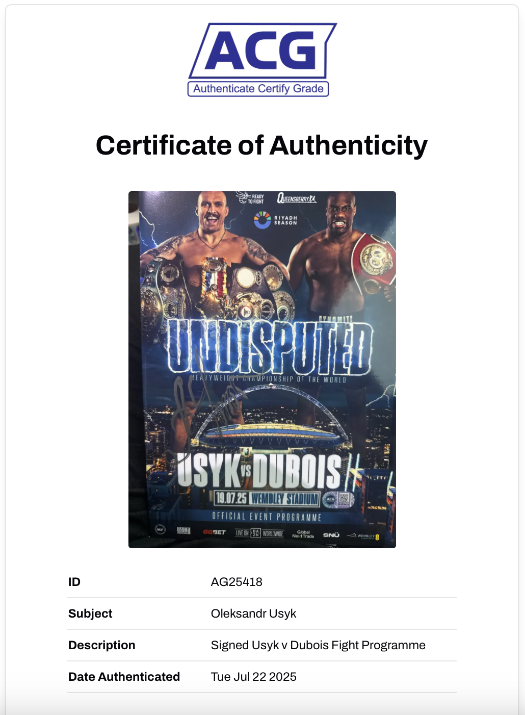 OLEKSANDR USYK SIGNED USYK DUBOIS UNDISPUTED PROGRAMME (ACG CERT AG25418)