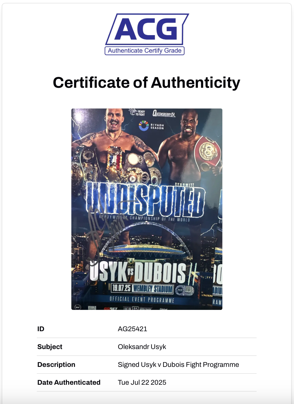 OLEKSANDR USYK SIGNED USYK DUBOIS UNDISPUTED PROGRAMME (ACG CERT AG25421)