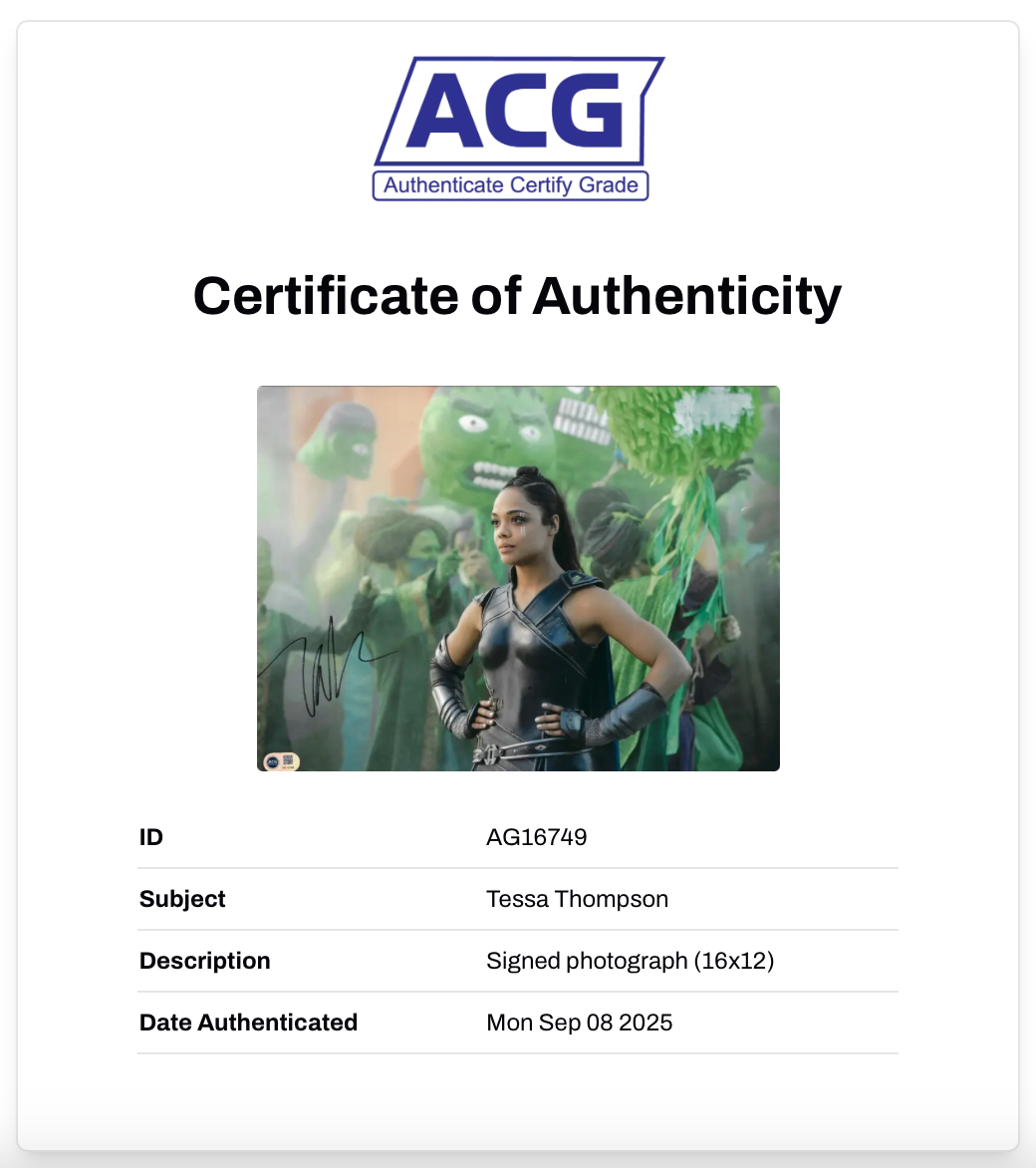 TESSA THOMPSON SIGNED VALKYRIE THOR RAGNAROK 16x12 PHOTO (ACG CERT AG16749)