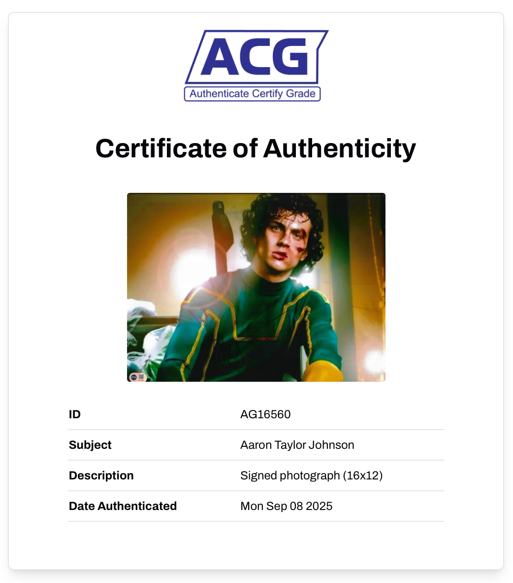 AARON TAYLOR JOHNSON SIGNED 16x12 KICK-ASS PHOTO (ACG CERT AG16560)