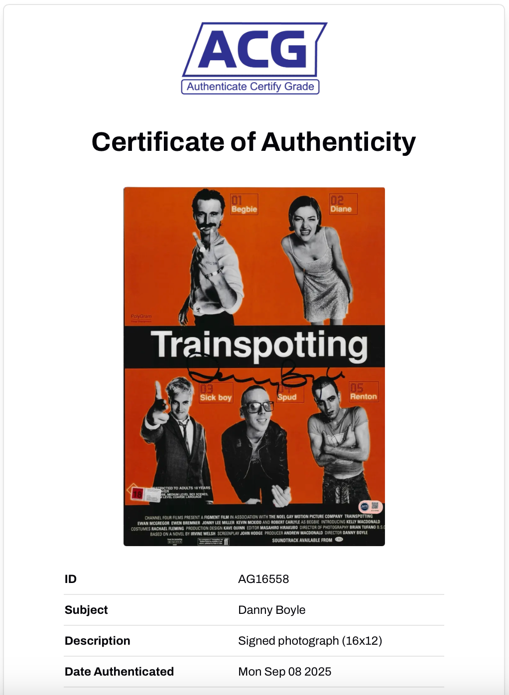 DANNY BOYLE SIGNED TRAINSPOTTING 16x12 PHOTO (ACG CERT AG16558)