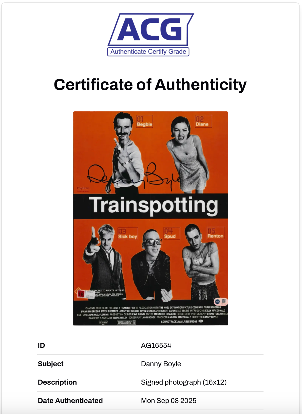 DANNY BOYLE SIGNED TRAINSPOTTING 16x12 PHOTO (ACG CERT AG16554)