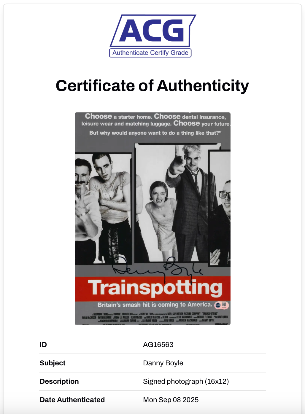 DANNY BOYLE SIGNED TRAINSPOTTING 16x12 PHOTO (ACG CERT AG16563)