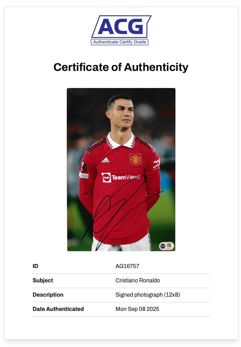 CRISTIANO RONALDO SIGNED 12x8 MANCHESTER UNITED PHOTO (ACG CERT AG16757)