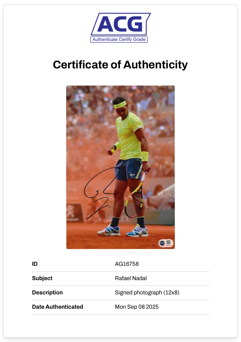 RAFAEL NADAL SIGNED 12x8 TENNIS PHOTOGRAPH (ACG CERT AG16758)