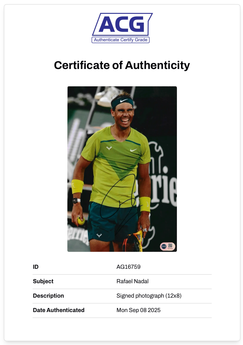 RAFAEL NADAL SIGNED 12x8 TENNIS PHOTOGRAPH (ACG CERT AG16759)